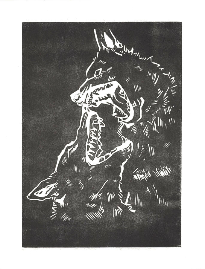 "The Throat is Already Exposed." Relief print (2023)