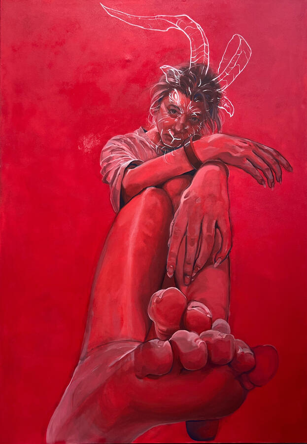 "Devil's Child?" Oil and spray paint on 42x60" canvas (2024)