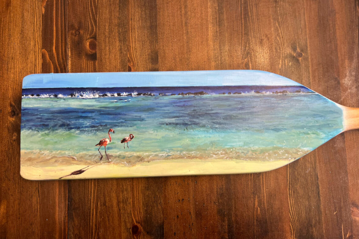 Flamingo Oar (2024). Acrylic on wood
